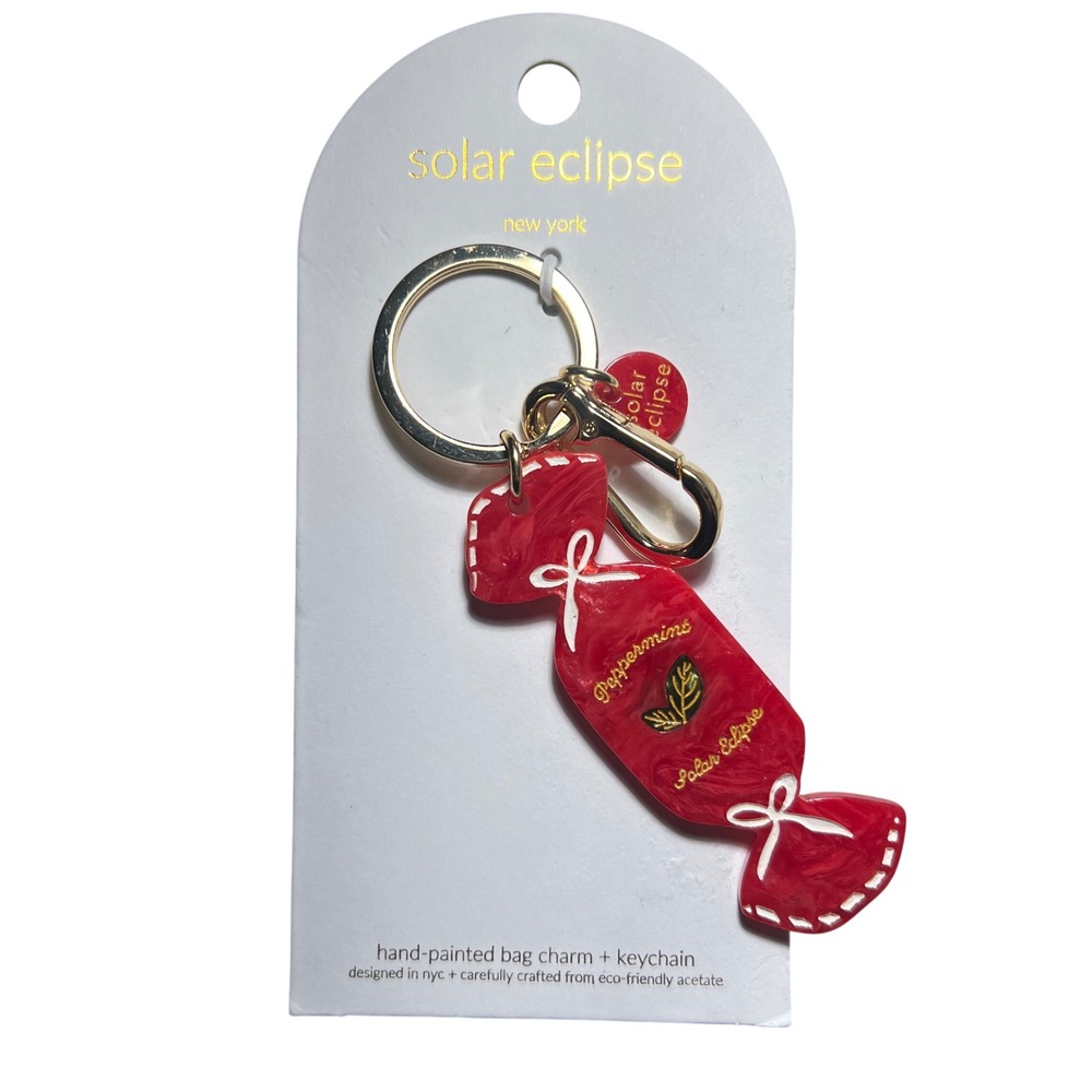 Solar Eclipse New York Peppermint Candy Bag Charm Keychain Red Hand-Painted NWT